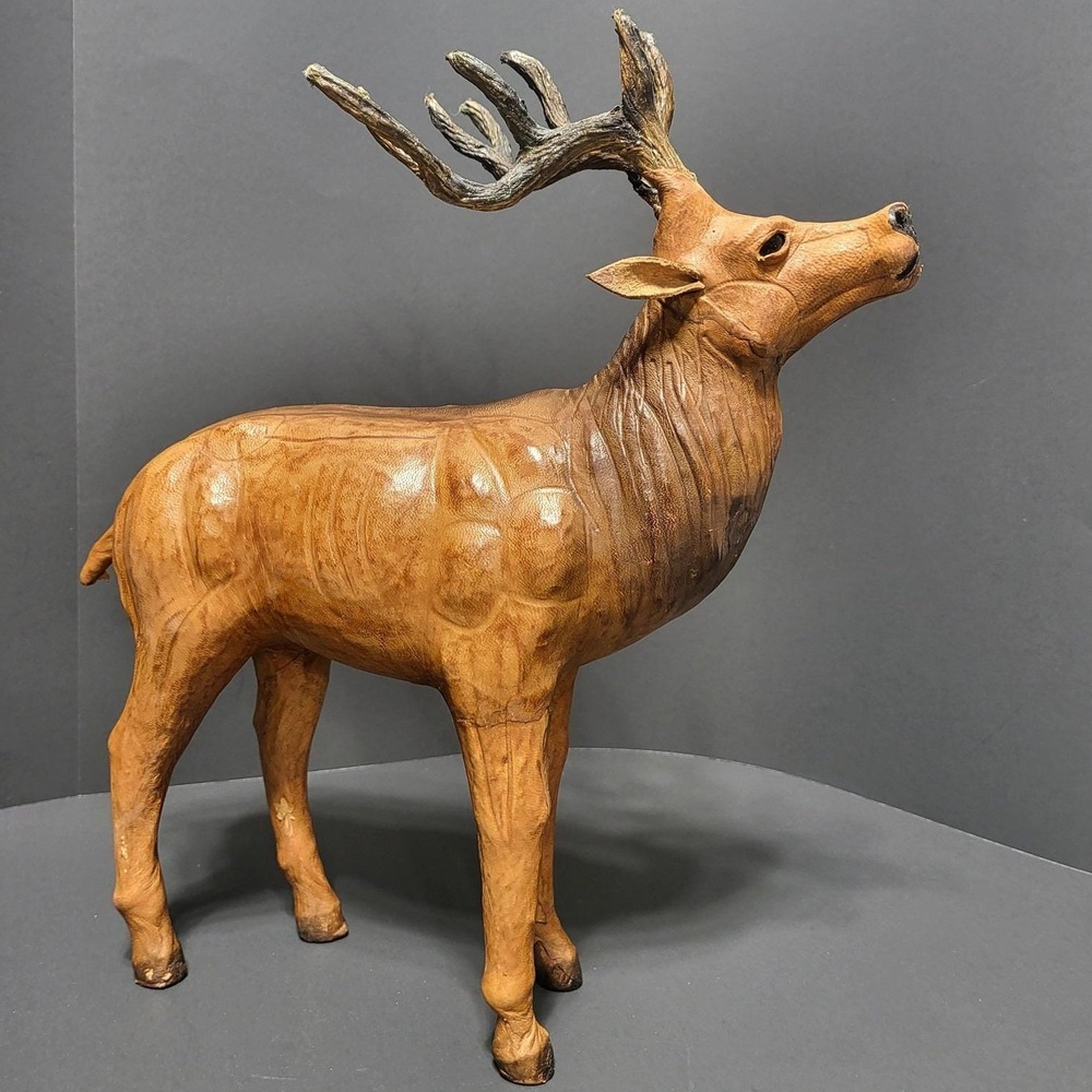 VTG Leather Wrapped Deer‎ Figurine Standing Buck Rustic Cabin Decor 1960's